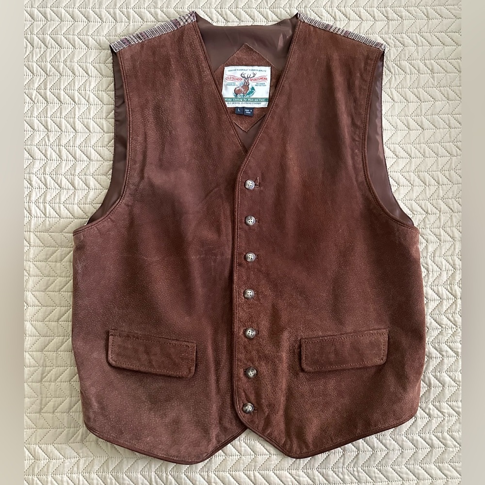 EUC! Brown suede and plaid vest. Old School Sportswear, size large.